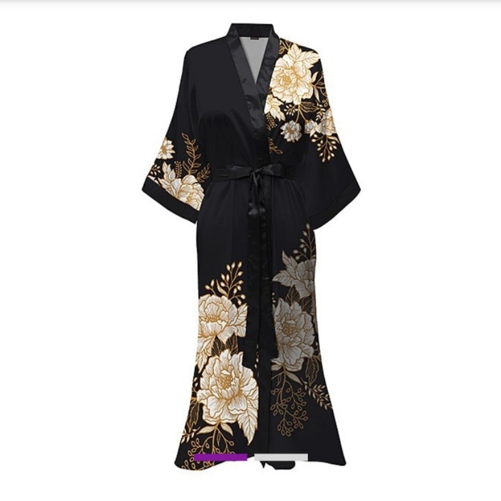 Black and White Floral Maxi Satin Robe - Women's Plus